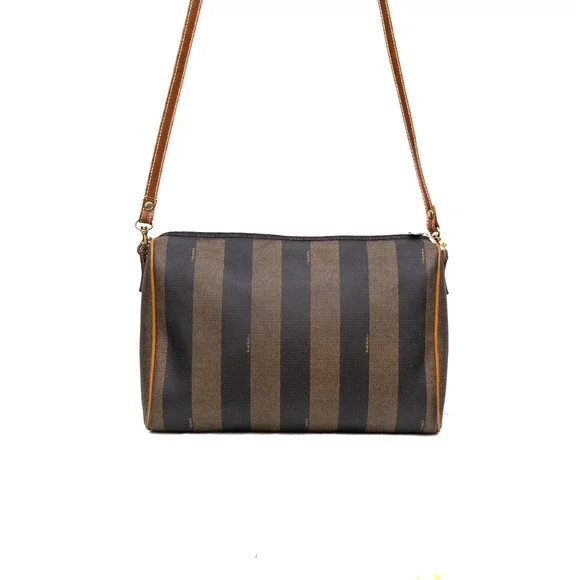 Fendi Vintage Pequin Stripe Coated Canvas Crossbody Shoulder‎ Bag Brown Tan